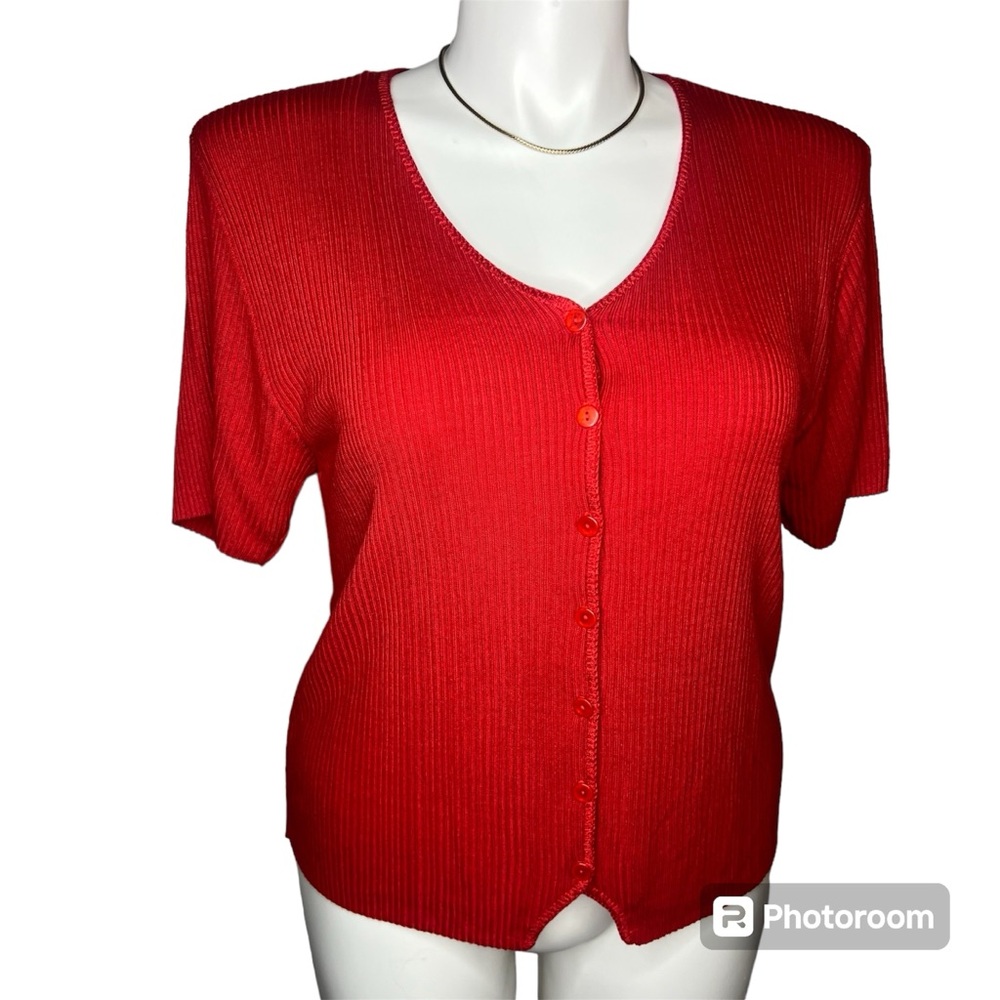 Red Ribbed Short Sleeve Button Front Top Size 1X - Picture 16 of 16